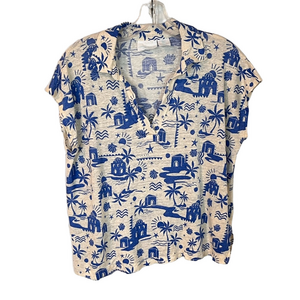 Cynthia Rowley 100% Linen Knit Top Large Blue Cream Island Print Coastal Boxy